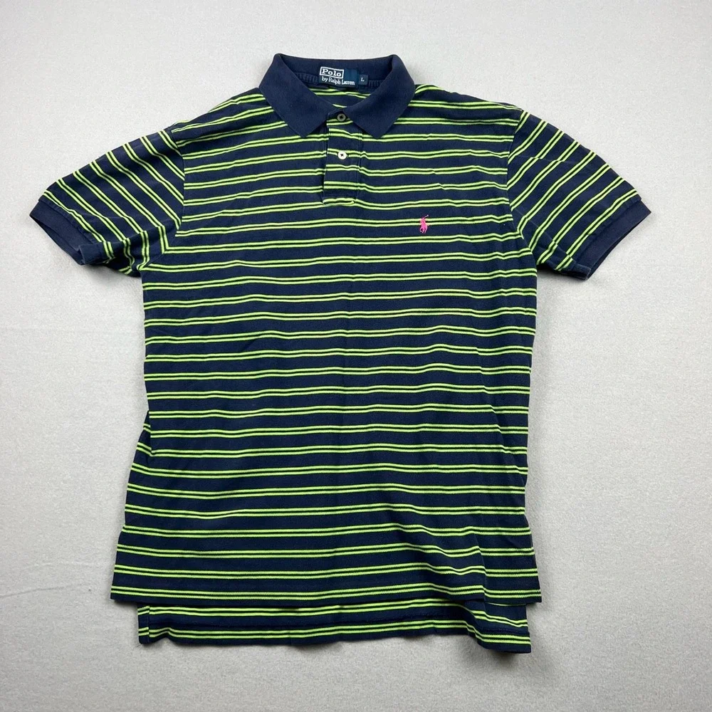 Vintage Y2K Polo Ralph Lauren Mens L Navy Green Striped Short Sleeve Polo Shirt